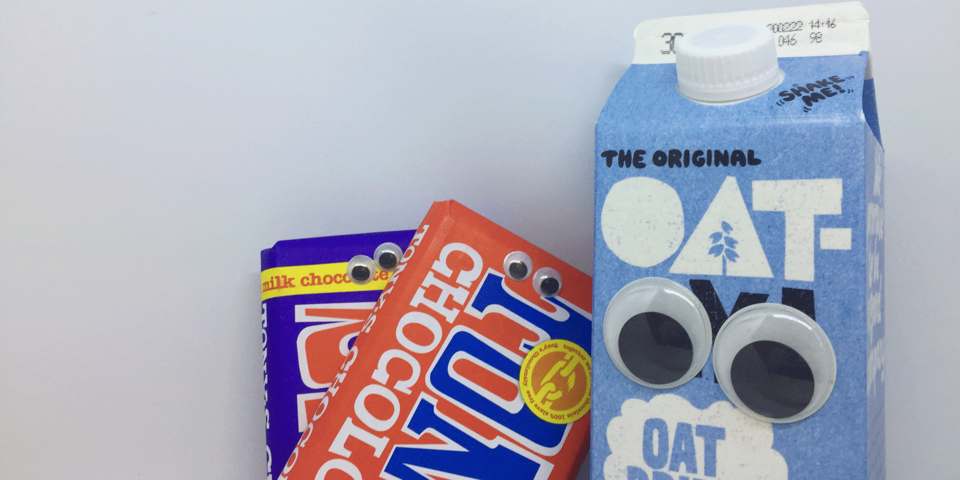 Are food and drink brands becoming more green? Oatly milk and Tony's Chocolonely with googly eyes