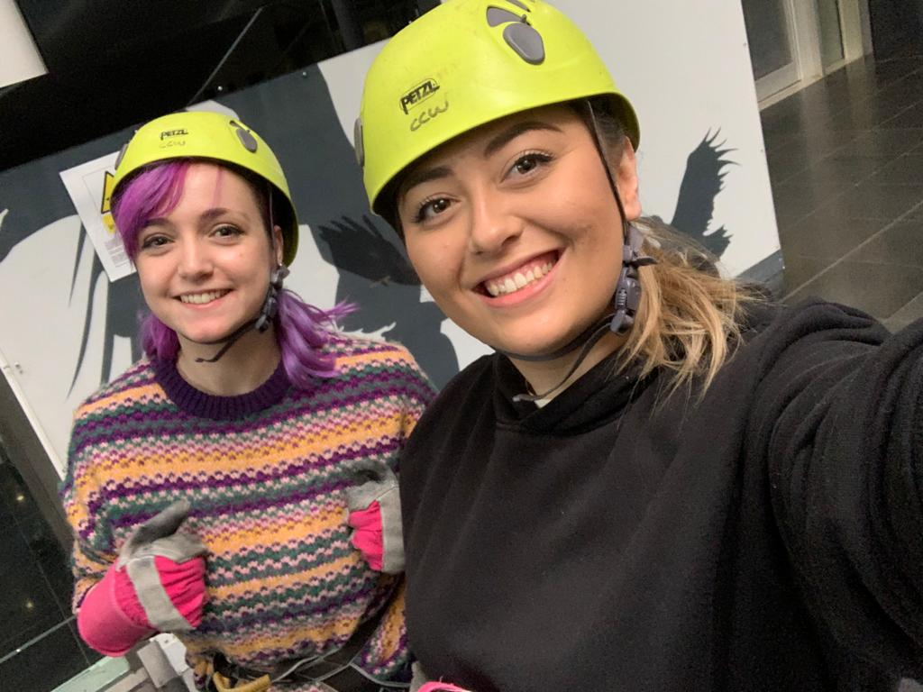 Danielle Pallet and Megan Carthy on the roof of Millennium Point, preparing to abseil for Birmingham Children’s Hospital